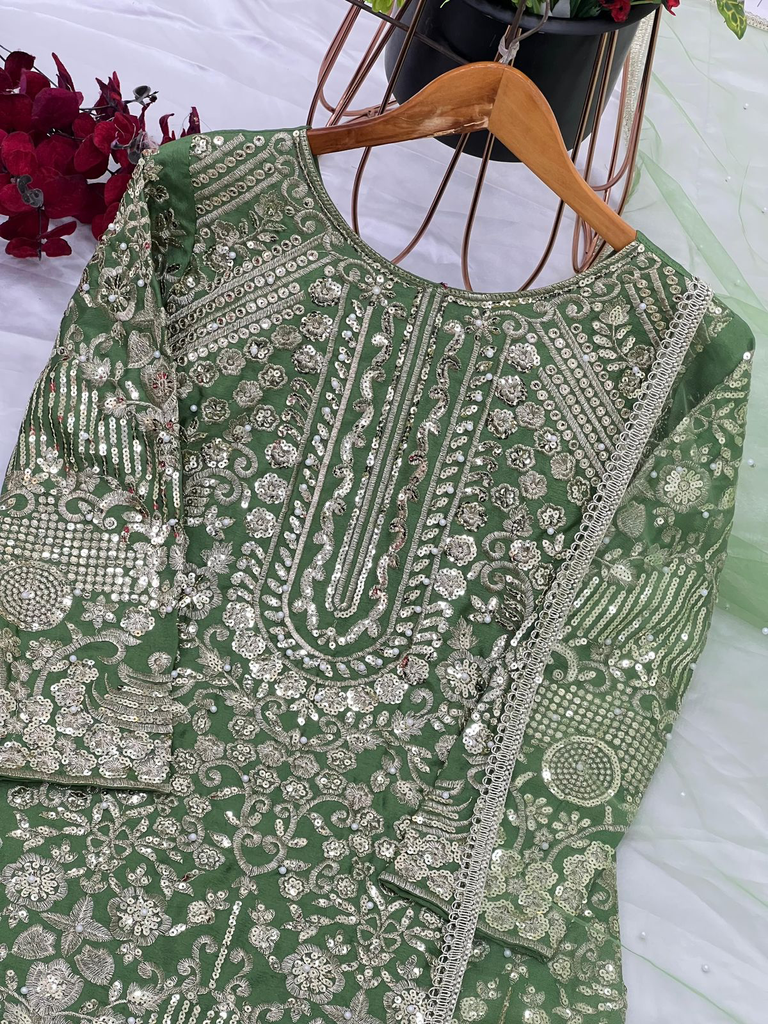Heavy Pure Chinnon Silk With 5mm Embroidery Sequence Work With Moti Work With Full Sleeve
