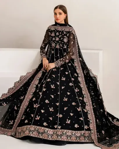 Black-ZARI EMBROIDERED ANARKALI GOWN WITH SHARARA AND ELEGANT DUPATTA SET