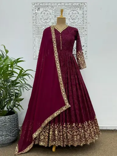GOLDEN WORK HEAVY FAUX GEORGETTE GOWN 