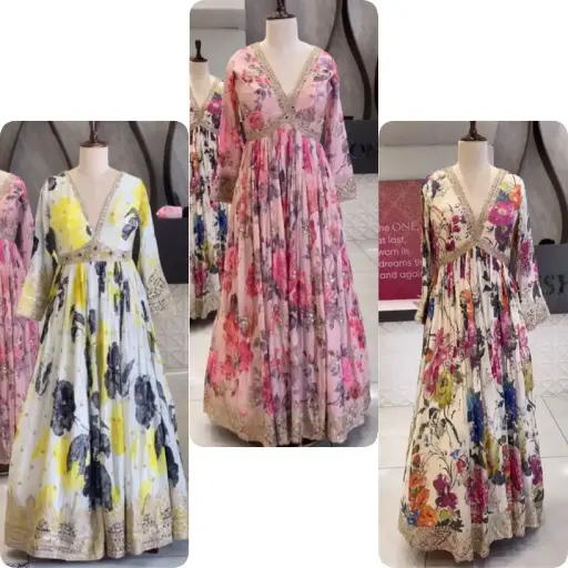 Heavy chinon silk gown with work in sleeves